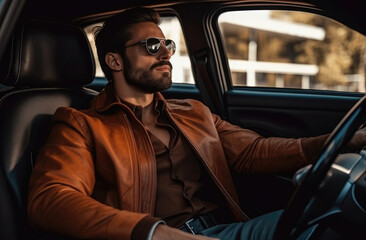 Stylish man driving in a leather jacket and sunglasses, relaxed and confident.