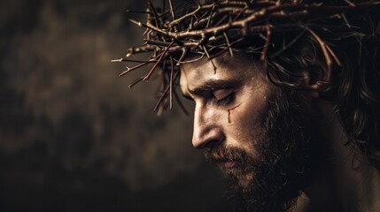 Depiction of Jesus with a thorn crown, reflecting Easter's solemnity. - obrazy, fototapety, plakaty