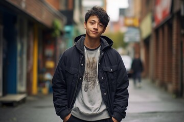 A young man wearing a black jacket