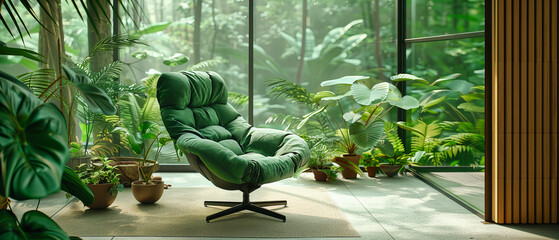 Chic and Modern Room with Greenery, Stylish Furniture and Exotic Plants for a Luxurious Interior