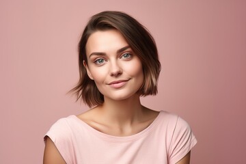 A woman with short hair and a pink shirt is smiling