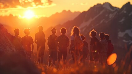 Fototapeta premium Silhouettes of joyous teenagers against a majestic mountain sunset, embodying carefree exuberance and camaraderie.
