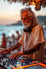Gray-haired aged man DJ on the sunset beach party