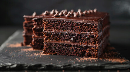 Slices of decadent chocolate cake layered with velvety ganache, an irresistible treat. - obrazy, fototapety, plakaty