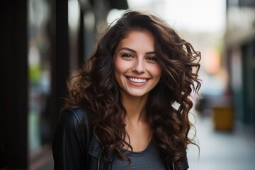 A woman with long brown hair is smiling and posing for a picture - Powered by Adobe