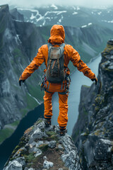 Base jumper prepared to jump from mountain cliff - obrazy, fototapety, plakaty