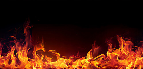 Intense red and yellow fire flames create a Seamless border on a black background.
