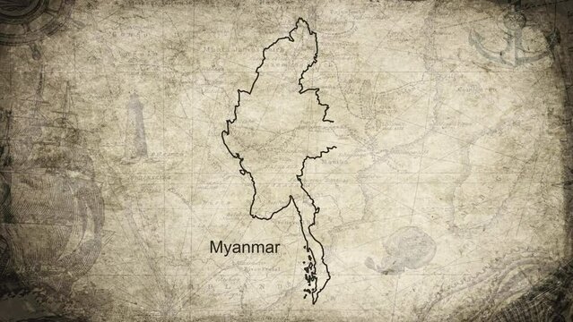 Myanmar map drawn on a cartography background sheet of paper