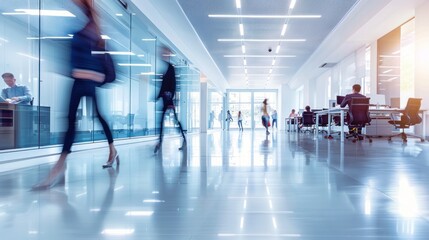 Fototapeta premium Bright modern office space bustling with activity as people move about in blurred motion