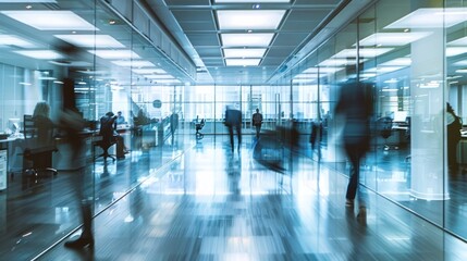 Busy modern office with glass desks and people in motion. Sleek and vibrant workspace.