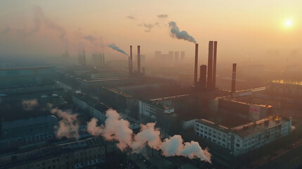 Aerial view of coal power plant high pipes with black smoke moving up polluting atmosphere at sunrise.