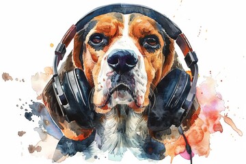 A basset hound with headphones on a white background. - obrazy, fototapety, plakaty