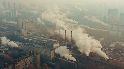 Fototapeta premium Aerial view of coal power plant high pipes with black smoke moving up polluting atmosphere at sunrise.