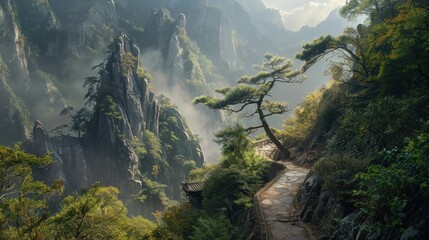 Mountain trail view. Winding mountain trail through lush forests leading to a majestic peak shrouded in mist. - obrazy, fototapety, plakaty