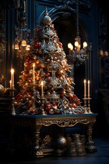 Christmas tree with toys and garlands on the background of the fireplace