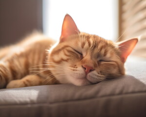 Cute red cat sleeps in bed. Pets concept in pastel colors