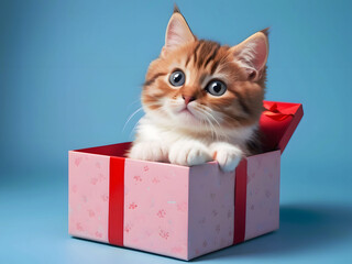 Cute Adorable Kitten Playing Around In A Gift Box Christmas Birthday Surprise Gift Isolated Background Copy Space