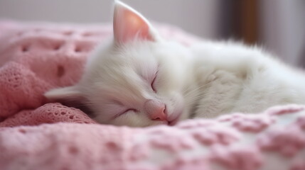 Obraz premium Cute white kitten sleeps in bed. Pets concept in pastel colors