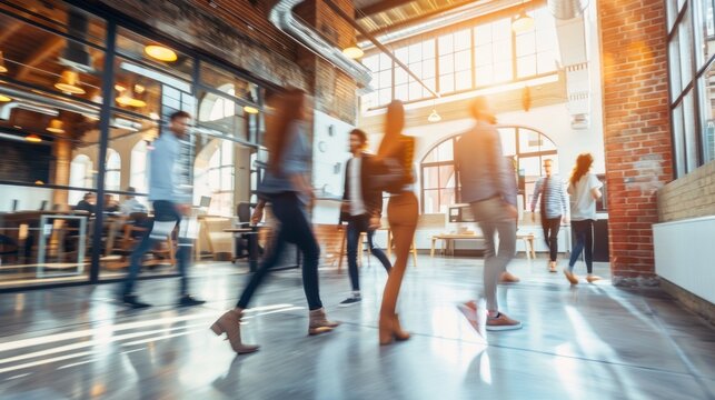 Vibrant tech workplace with blurred motion. Startup hub bustling with entrepreneurs and tech professionals in dynamic open-concept space.
