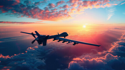 Unmanned military drone flying in the sky above the clouds, American technology. Concept: military...