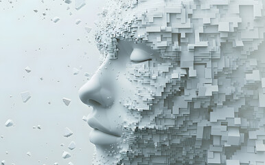 3d image of human head created from blocks in the style of futuristic digital art. 