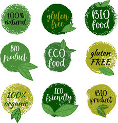 Set of hand drawn emblems with organic food, eco food, fresh, natural, gluten free, bio food. Vector design element - 775820254