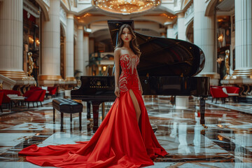 Fototapeta premium Beautiful young woman with black hair and blue eyes wearing a red dress, standing near a grand piano