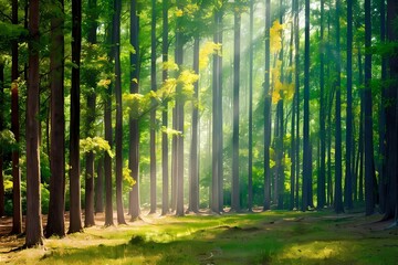 Background of dense green tree forest with beautiful sunlight penetrating the sides of green trees in a natural landscape
