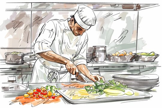 A talented chef expertly slicing vegetables in a bustling restaurant kitchen, showcasing precision and skill.