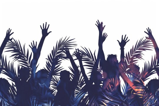 A joyful crowd waving palm branches in celebration.
