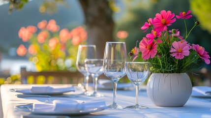 Fototapeta na wymiar Crisp white table linens with decorative flowers outdoors
