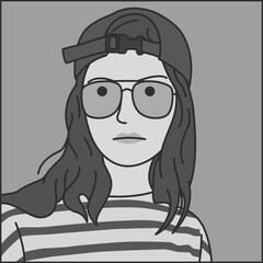black and white illustration design of a beautiful woman with a flat expression on her face. illustration design for avatar or profile. person avatar illustration