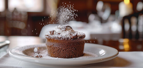 A delightful chocolate souffl?(C) served warm with a dusting of powdered sugar.