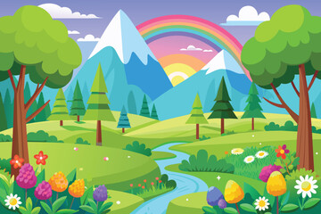 Fototapeta premium Adobe Illustrator ArtworkSpring landscape of forest with trees grass nature valley park with meadow and flowers field in spring with rainbow cartoon vector art illustration for kids background.