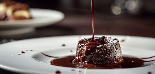 A luxurious chocolate fondant oozing with molten chocolate center, a divine dessert.