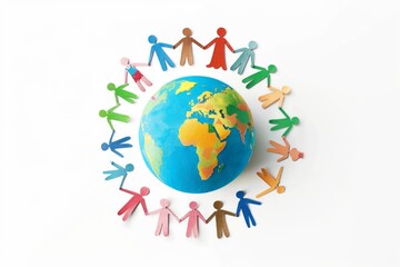 An illustration of a globe surrounded by diverse families holding hands, symbolizing unity and diversity - obrazy, fototapety, plakaty