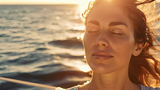 A woman is seen meditating on the deck of a private yacht with her eyes closed and a serene expression on her face. The calming sound of the ocean and the warm sun on her