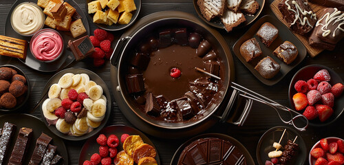 A luxurious chocolate fondue pot surrounded by an array of dippable treats.