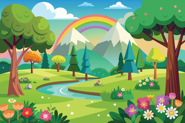Naklejka premium Adobe Illustrator ArtworkSpring landscape of forest with trees grass nature valley park with meadow and flowers field in spring with rainbow cartoon vector art illustration for kids background.