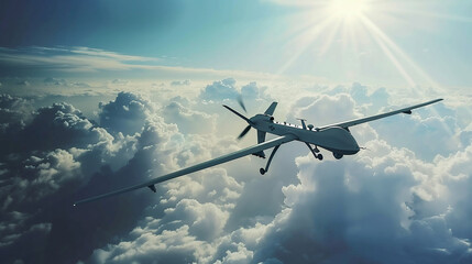 Unmanned military drone flying in the sky above the clouds, American technology. Concept: military reconnaissance drone, incident in the sky, war in Ukraine. - obrazy, fototapety, plakaty