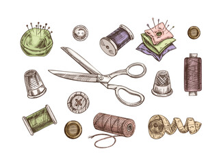 Vintage set of hand-drawn colored sewing icons. Vector illustrations in sketch style. Handmade, sewing equipment concept in vintage doodle style. Engraving style. - obrazy, fototapety, plakaty
