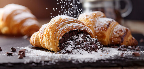 A mouthwatering chocolate croissant dusted with powdered sugar, a French classic.
