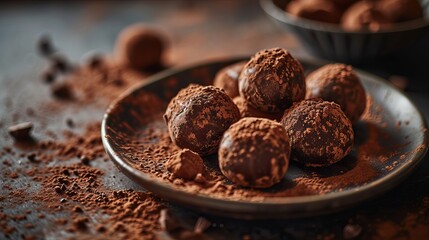 Artistic Presentation of Delicious Chocolate Truffles Covered in Cocoa Powder on a Dark Plate