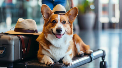 Corgi Dog Sitting on Luggage Cart
