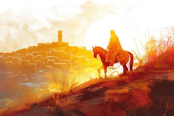 Jesus riding into city under sunlight