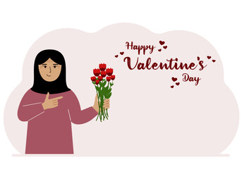A happy woman holds a bouquet of flowers in his hand. Next to the text Happy Valentine's Day. Concept for postcard, congratulations, banner or poster. Vector flat illustration