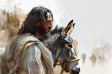 Zoom in on the donkey's gentle expression as it carries Jesus into the city. Illustration