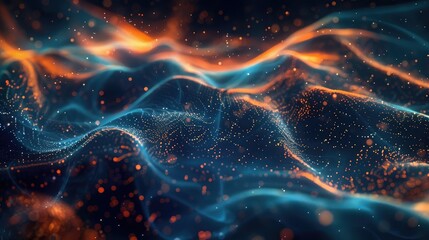 Digital representation of glowing waves with floating particles, creating a mesmerizing abstract background with deep blue and orange hues,3D rendering of abstract blue particles wave  - obrazy, fototapety, plakaty