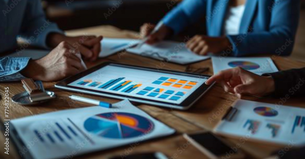 Aufkleber corporate team brainstorming and analyzing financial data during a meeting with graphs and papers on