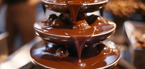 A tempting chocolate fountain cascading velvety streams of molten chocolate bliss.